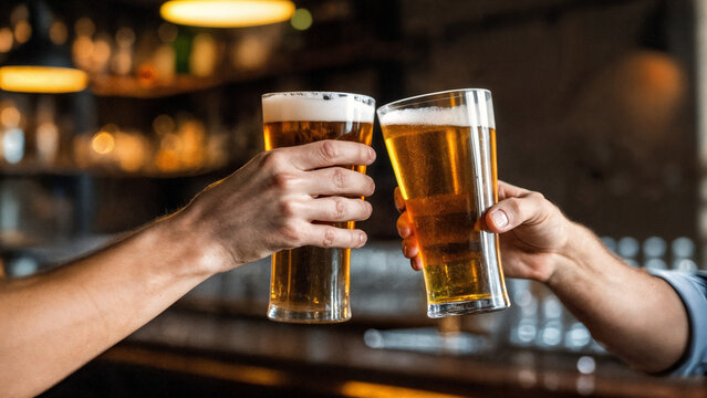 Close-up of beer glasses clinking