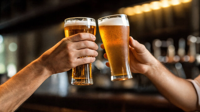 Close-up of beer glasses clinking. beer in the bar