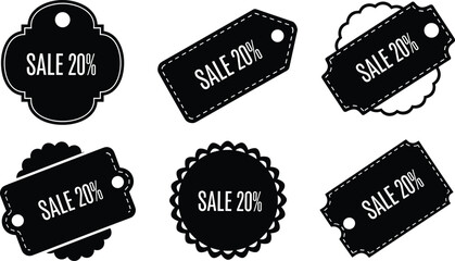 Black sale tags, discount labels, 20 percent off, retail promotion, price cut, marketing design, shopping offer, clearance sale, merchandise deal, commercial signage, store advertising