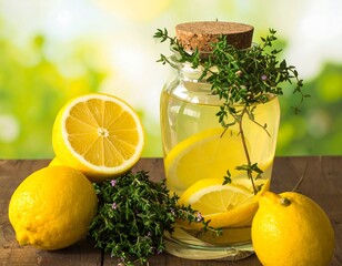 A close-up captures a glass bottle filled with liquid and lemon slices, alongside fresh lemons and green herbs