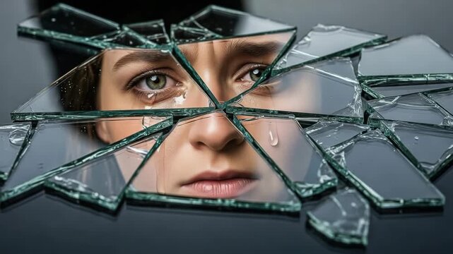 A womans face is seen through broken glass, tears streaming down her face