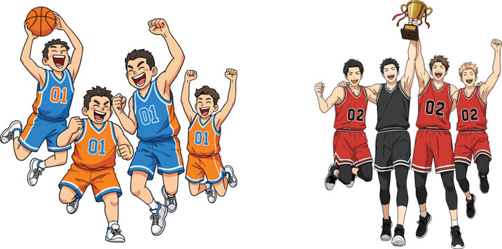 Basketball players celebrating victory, team spirit, trophy celebration, sports success, winning moment, energetic athletes, championship joy, teamwork, competitive game, happiness