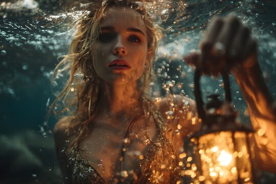 A person underwater with a lantern, highlighting adventure, mystery, and serene atmosphere. - Powered by Adobe