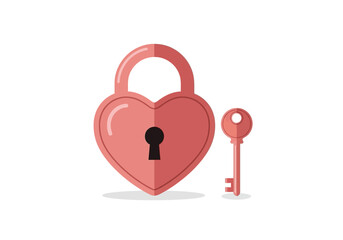 Solid Illustration of Pink Heart Padlock and Long Key Symbol of Key to the Heart and Relationship Loyalty
