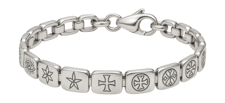 Engraved silver charm bracelet featuring protective symbols and a lobster clasp.