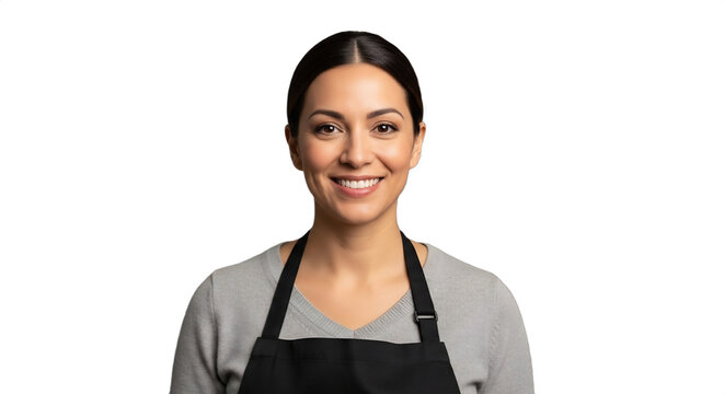 Smiling 38-42-year-old Hispanic food stylist, professional and elegant in a black apron, isolated on transparent background. Ideal for holiday advertisements, culinary branding,