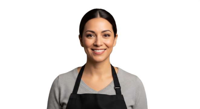 Smiling 38-42-year-old Hispanic food stylist, professional and elegant in a black apron, isolated on transparent background. Ideal for holiday advertisements, culinary branding,