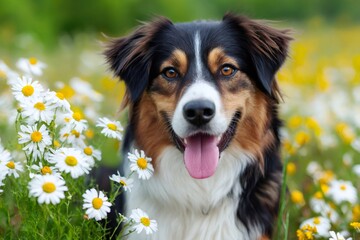 Fototapeta premium Australian shepherd dog posing among white daisies