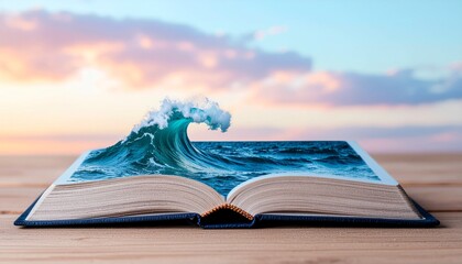 A book with a wave coming out of it, set against a sunset sky.