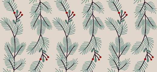 Winter Evergreen Branches with Red Berries Illustration