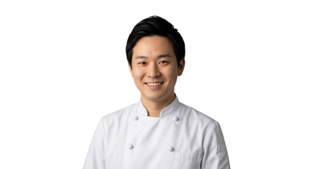 Smiling 29-34-year-old East Asian ramen chef in traditional uniform, isolated on transparent background. Ideal for culinary promotions, restaurant branding, food industry content, career features,