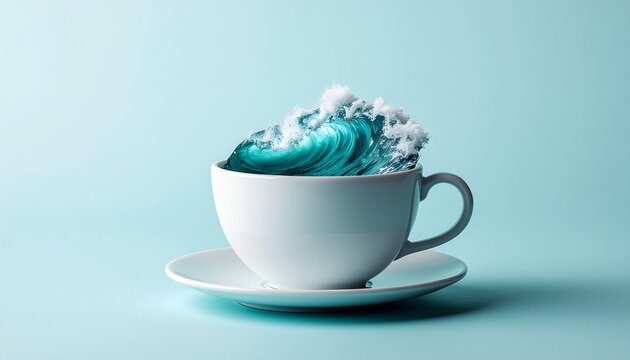 A surreal and creative concept of a powerful ocean wave with seafoam crashing inside a white teacup on a light blue background.