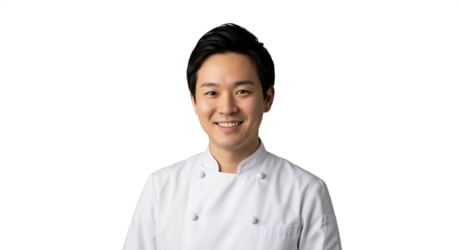 Smiling 29-34-year-old East Asian ramen chef in traditional uniform, isolated on transparent background. Ideal for culinary promotions, restaurant branding, food industry content, career features,