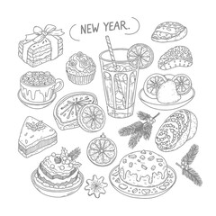 A delightful collection of hand-drawn New Year's festive treats, beverages, and decorative elements, perfect for holiday celebrations and seasonal designs.