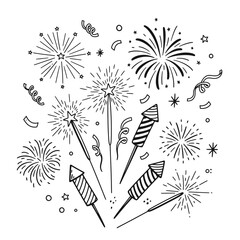 Obraz premium A festive collection of hand-drawn fireworks, sparklers, and firecrackers exploding with confetti, perfect for celebrating holidays and special events.