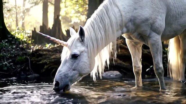 A majestic unicorn drinks from a tranquil forest stream, embodying elegance and fantasy in a magical setting.