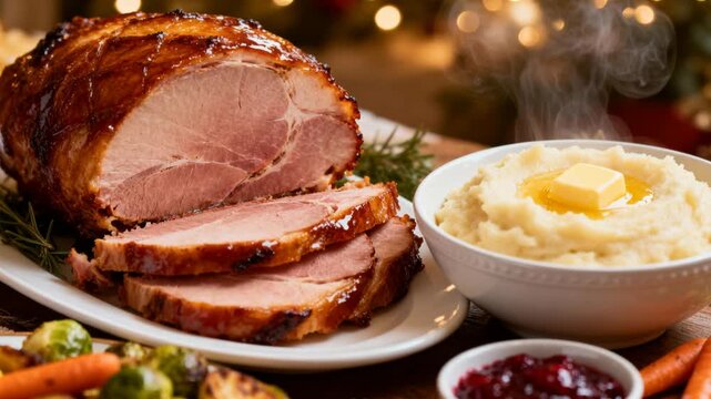 festive holiday meal showcasing tender ham, smooth buttery mashed potatoes, perfect for thanksgiving christmas or seasonal recipe videos