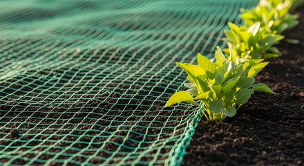 Young basil plants growing in a vegetable garden bed