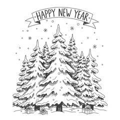 Fototapeta premium A festive hand-drawn illustration of a tranquil snow-covered winter forest, adorned with gifts and a 'Happy New Year' banner, perfect for holiday designs.