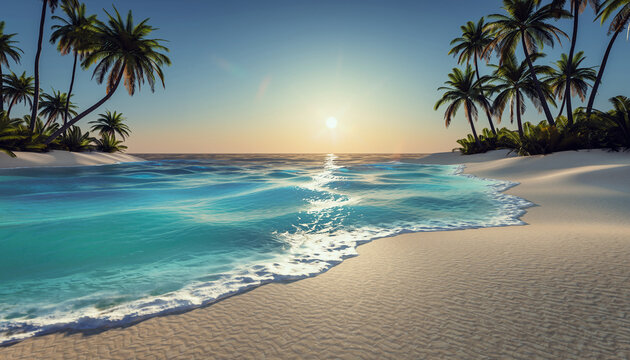 Tropical beach with gentle waves, sunlight reflections, clear blue water, white sand, palm trees, and serene atmosphere at sunrise, perfect for relaxation and vacation