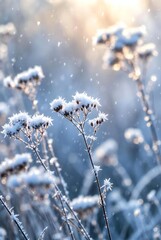Golden Sunrise Light on Frosted Wildflowers in Winter Snowfall
