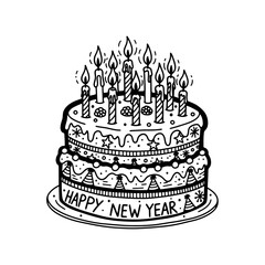A festive two-tier cake adorned with numerous lit candles and intricate decorations, featuring a 'Happy New Year' message, perfect for celebrations and holiday greetings.