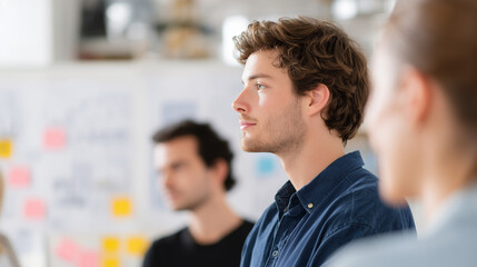 focused young professional listening during a creative team meeting
