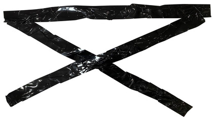 Torn crumpled cross adhesive black tape on transparent background. x sign. 2 piece of cross plastic, glossy shine texture.