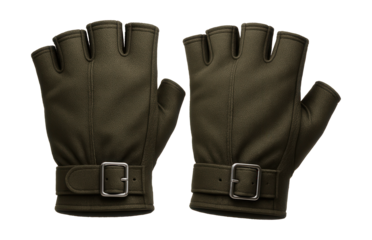 Dark olive fingerless gloves featuring adjustable buckle straps.