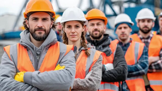 Group of construction workers in safety gear and orange hardhats demonstrating unity and readiness standing at an active construction site