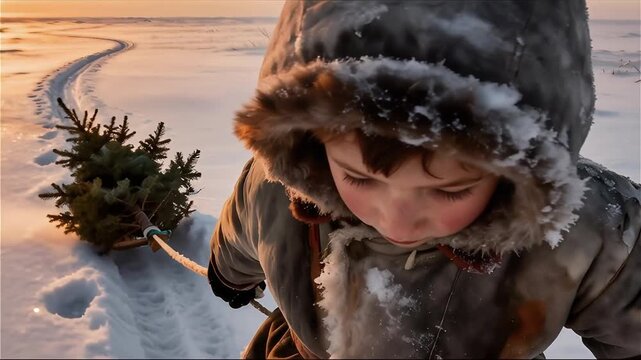 Un niño en ropa de invierno arrastrando un pequeño árbol de Navidad sobre la nieve - Powered by Adobe