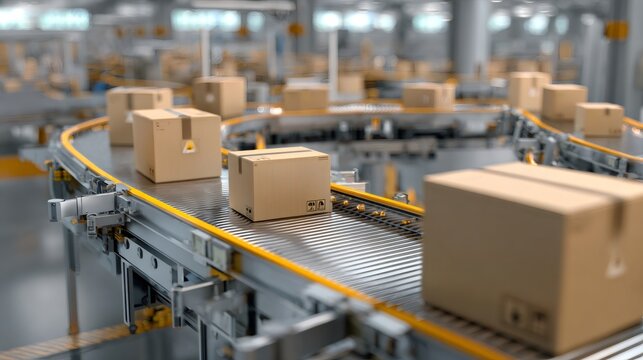Cardboard boxes moving on automated conveyor belt system