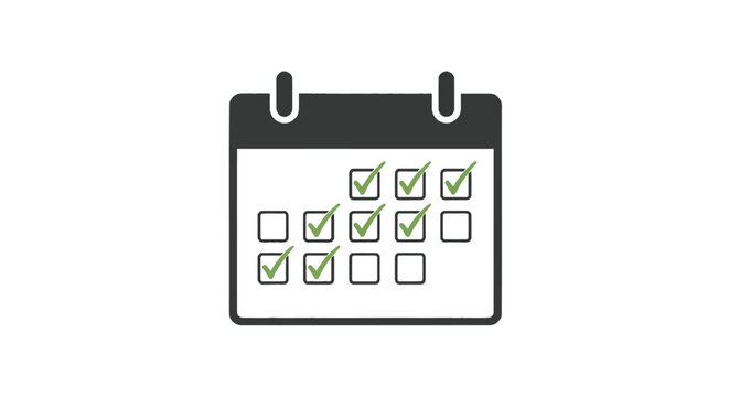Calendar with green checkmarks indicating completed tasks or scheduled events on a white background