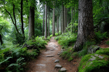 Obraz premium Forest path winds through lush green ferns and trees