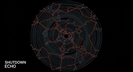 A digital abstract artwork featuring concentric blue circles with a chaotic red network and "SHUTDOWN ECHO" text.