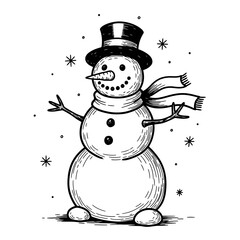 A charming hand-drawn illustration showcases a classic snowman wearing a top hat and scarf, surrounded by falling snowflakes, embodying the joyful spirit of winter holidays.