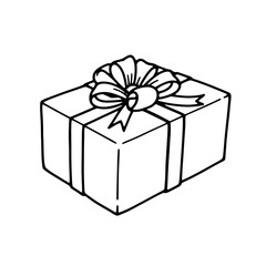 A hand-drawn illustration of a classic rectangular gift box tied with an elegant bow, perfect for celebrating special occasions and conveying thoughtful gestures.