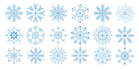 Set of blue snowflake elements isolated on white background. Minimal geometric winter icons for Christmas and New Year design. Perfect for cards, patterns, wrapping paper, invitations, and decorations