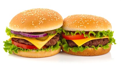 Two fully assembled hamburgers on a white background, featuring sesame seed buns, cheese, lettuce, tomatoes, and onions