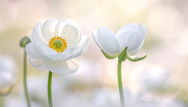 Two delicate, white flowers with yellow centers bloom against a blurred, light-filled background. Stems and buds are visible