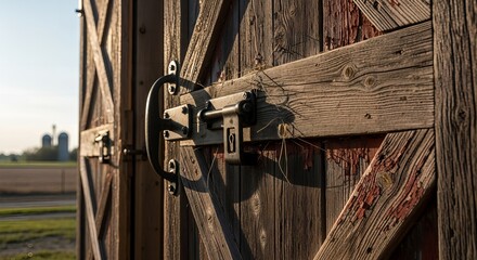 Old wooden barn door with metal latch and handle
