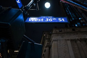 West 36th Street Sign at Night in Manhattan, New York City