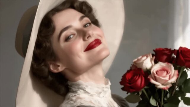 Una mujer elegantemente vestida de principios del siglo XX con un sombrero de ala ancha y un ramo de rosas de colores