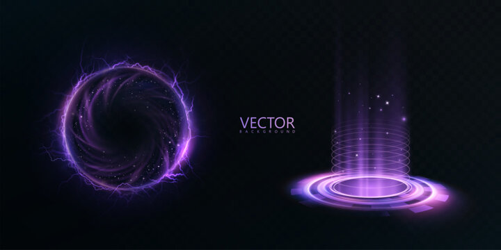 A glowing purple portal with bright rays of light and an energetic whirlwind of lightning on a dark background. A futuristic magical portal for fantastic interfaces and teleportation effects.