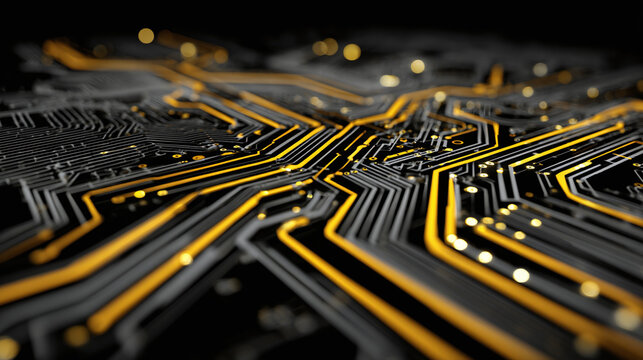 An intricate computer motherboard with glowing circuits and data pathways, signifying technological advancement