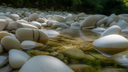 Serene Riverbed Scene: Smooth White Stones and Clear Water Flowing Through Lush Greenery, Creating a Peaceful and Natural Landscape