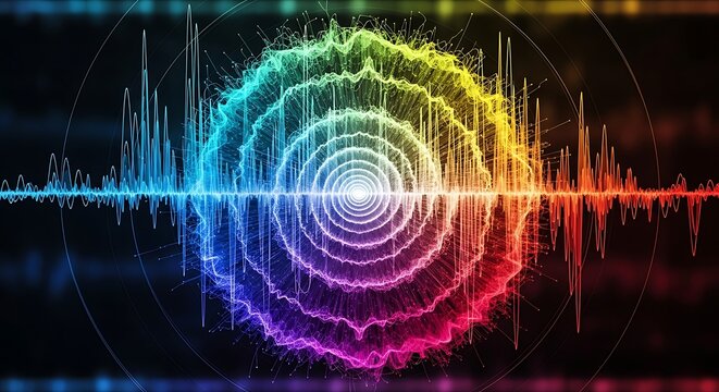 A vibrant, colorful abstract representation of sound waves and energy, featuring a spectrum of light radiating from a central point with equalizer bars.
