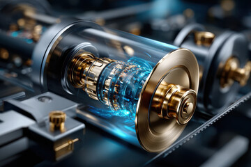 Close-up of futuristic transparent technology with glowing elements in a mechanical setting