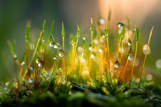 Moss with water droplets, emphasizing nature's detail, freshness, and serene atmosphere.