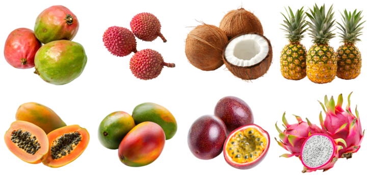 Set of various ripe tropical fruits: mango, coconut, papaya, lychee, dragonfruit, pineapple, passion fruit, guava, isolated on a transparent background PNG